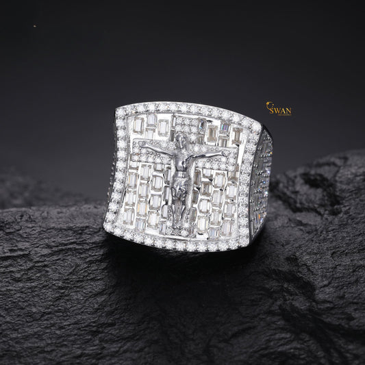 Iced Out Jesus Cross Hip Hop Ring & Baguette and Round Diamond Silver Bling Statement Jewelry for Rappers and Streetwear Kings SwanDiamond