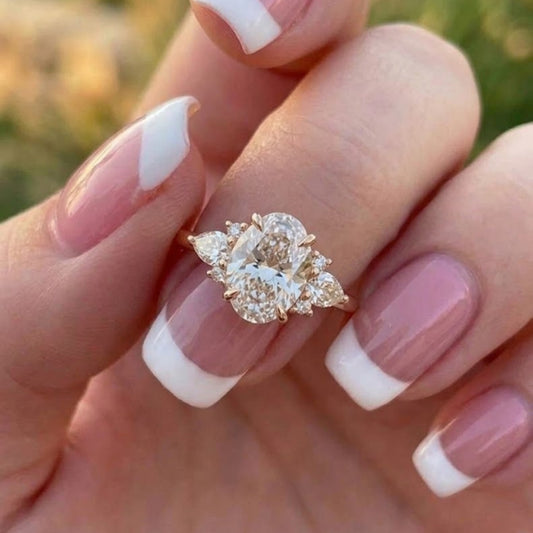 Oval Cut Lab Grown Diamond Three Stone Ring in 18K Rose Gold Vintage Inspired Engagement Ring for Women