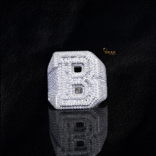 Iced Out B Initial Hip Hop Ring in White Gold with Full Diamond Pave Sparkle Custom Letter Bling Statement Jewelry for Men Rapper Style SwanDiamond