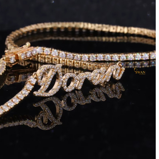 Custom Name Diamond Tennis Chain Necklace in Yellow Gold Personalized Script Pendant with Iced Out Jewelry Gift for Men and Women swandiamond