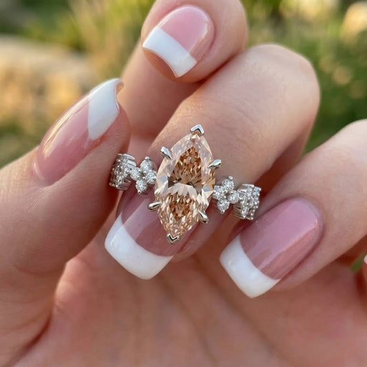 Pink Marquise Cut Lab Grown Diamond Ring in 18K White Gold Floral Diamond Engagement Ring for Women