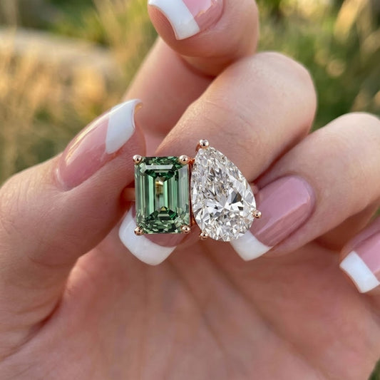 Toi Et Moi Lab Grown Diamond Ring Pear and Emerald Cut Green Diamond Engagement Ring in Rose Gold Unique Bridal Jewelry