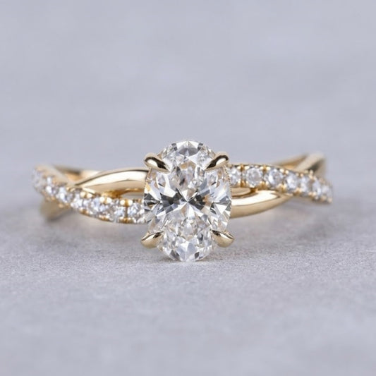 Oval Cut Lab Grown Diamond Engagement Ring in 18K Yellow Gold Twisted Pave Band Bridal Ring for Women