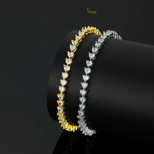 Elegant Heart Cut Diamond Tennis Bracelet in White Gold and Yellow Gold Sparkling Natural Diamond Jewelry Timeless Luxury Gift for Her swandiamond
