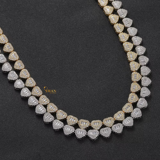 Heart Shaped Baguette Diamond Tennis Bracelet in White Gold Unique Luxury Jewelry for Men & Women swandiamond