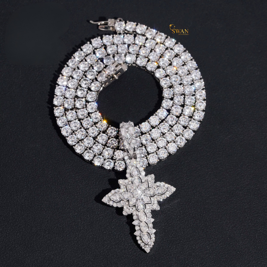 Natural Diamond Tennis Chain with Cross Pendant in White Gold Iced Out Statement Necklace for Men and Women swandiamond