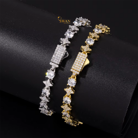 Iced Out Diamond Star Link Bracelet in White Gold and Yellow Gold with Round Cut Stones Luxury Unisex Statement Jewelry swandiamond