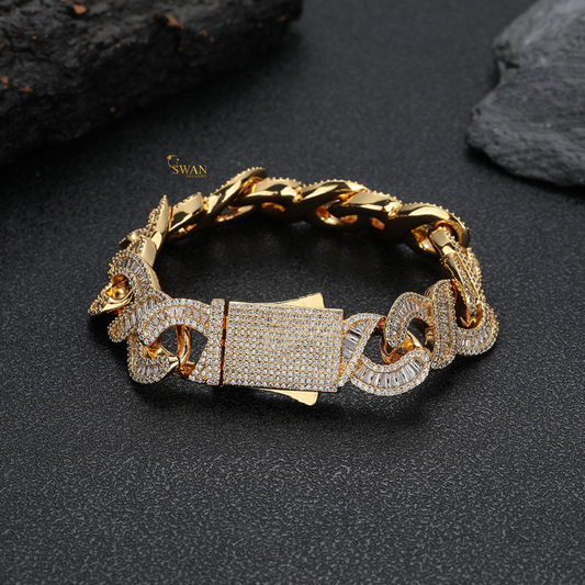 Cuban Link Diamond Bracelet Gold Plated with High Shine Baguette and Round Stones Fully Pave Set Luxury Statement Jewelry