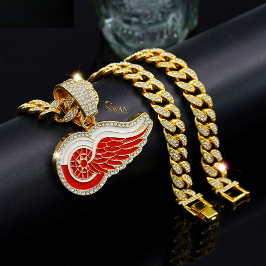 Hip Hop Detroit Red Wings Iced Out Pendant with Diamond Cuban Link Chain Luxury Team Bling Necklace for Men