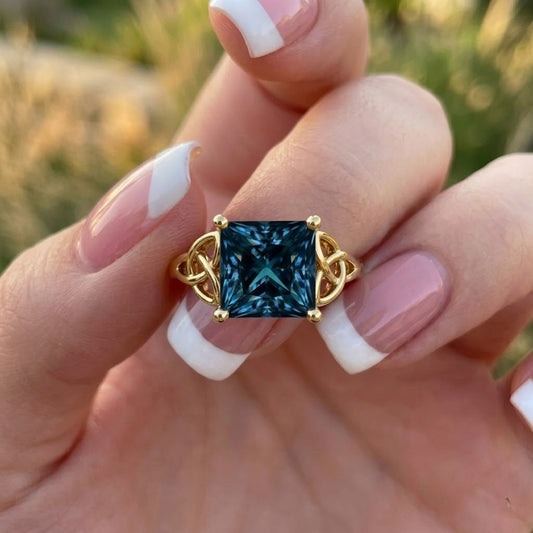Princess Cut Blue Lab Grown Diamond Ring Celtic Knot Engagement Ring Yellow Gold Unique Vintage Inspired Bridal Jewelry