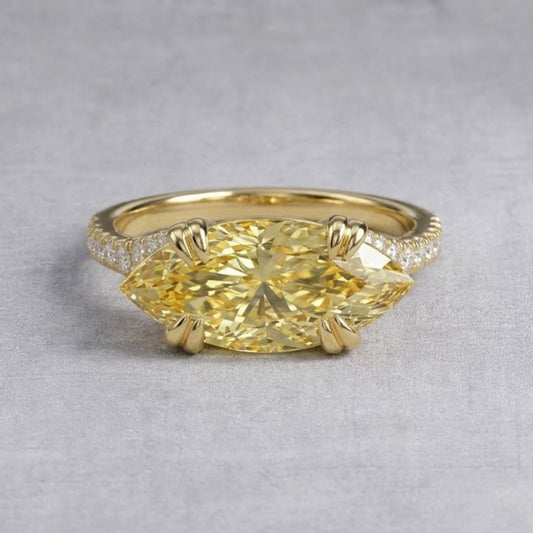Yellow Marquise Cut Lab Grown Diamond Ring in 18K Yellow Gold Pave Engagement Ring for Women Anniversary Promise Ring