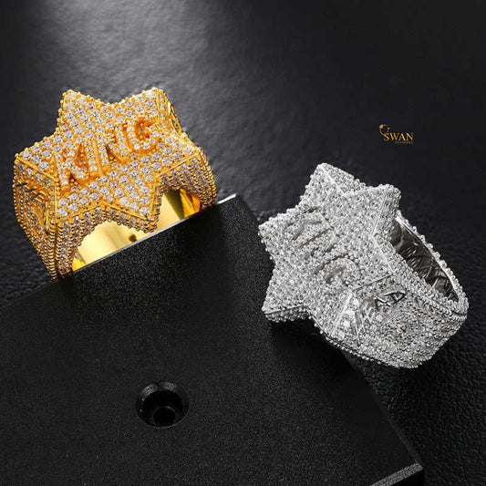 King Star Hip Hop Ring Iced OutGold and Silver Diamond Bling Statement Jewelry for Rappers and Streetwear Style SwanDiamond