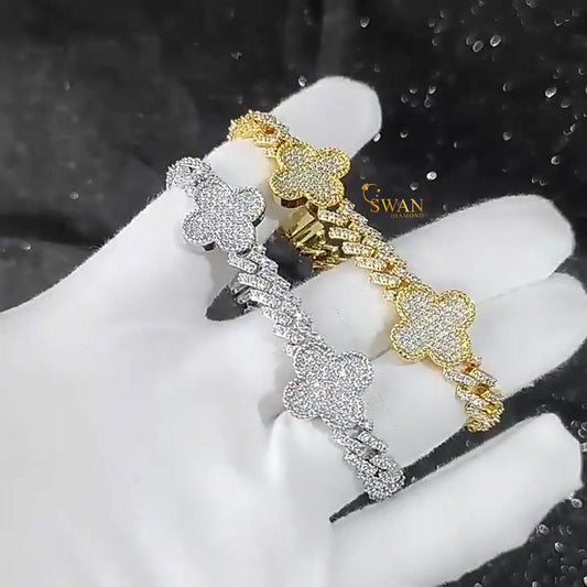 Luxury Clover Design Diamond Bracelet in White Gold and Yellow Gold with Full Pave Setting Elegant Statement Jewelry swandiamond