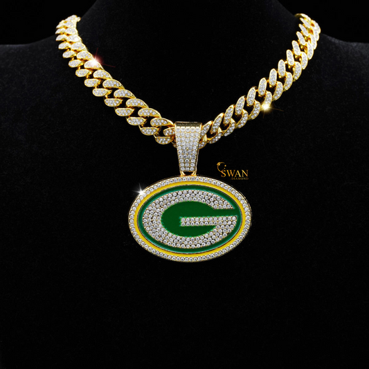 Green Bay Packers Iced Out Pendant with Diamond Cuban Link Chain Luxury Hip Hop Team Bling Necklace for Men swandiamond