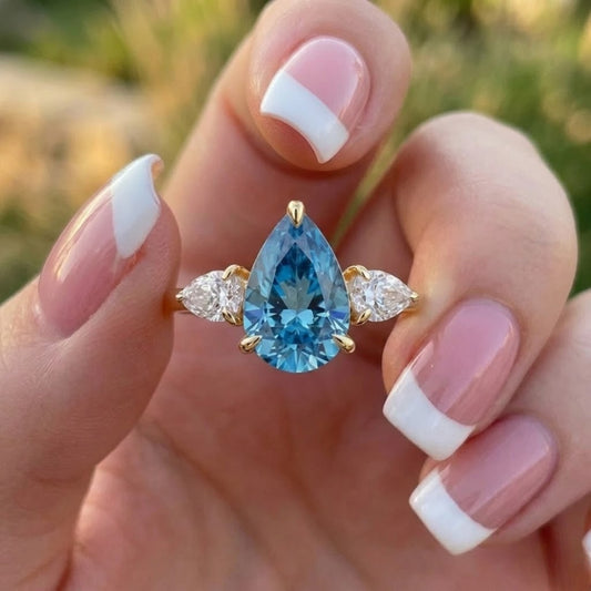 Blue Pear Cut Lab Grown Diamond Three Stone Ring in 18K Yellow Gold Engagement Ring for Women