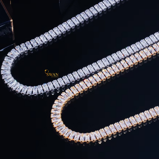 Baguette Cut Diamond Tennis Necklace in White and Yellow Gold Luxury Statement Jewelry for Men and Women swandiamond