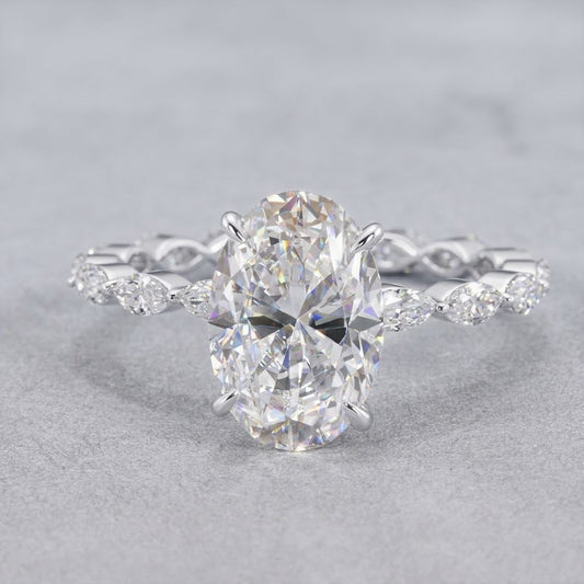 Oval Cut Lab Grown Diamond Engagement Ring White Gold Twisted Diamond Band Bridal Ring Anniversary Jewelry for Her