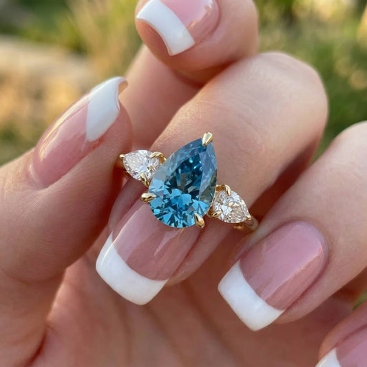 Blue Pear Cut Lab Grown Diamond Three Stone Ring in 18K Yellow Gold Engagement Ring for Women