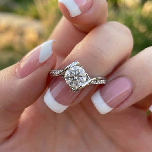 Round Cut Lab Grown Diamond Engagement Ring in 18K White Gold Twisted Pave Solitaire Bridal Ring for Women