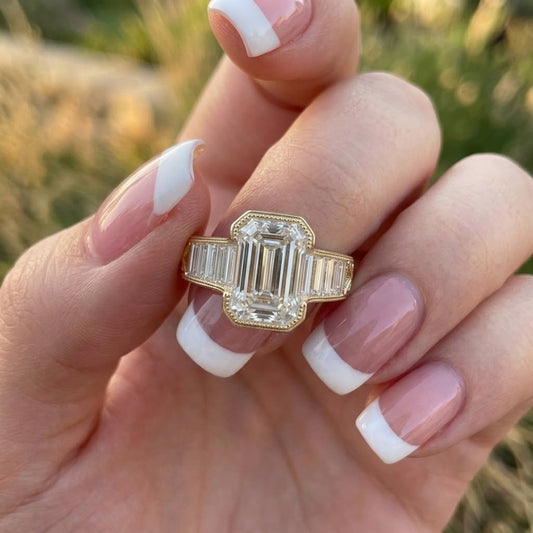 Emerald Cut Lab Grown Diamond Engagement Ring Yellow Gold Art Deco Ring Baguette Diamond Bridal Ring Vintage Style Jewelry