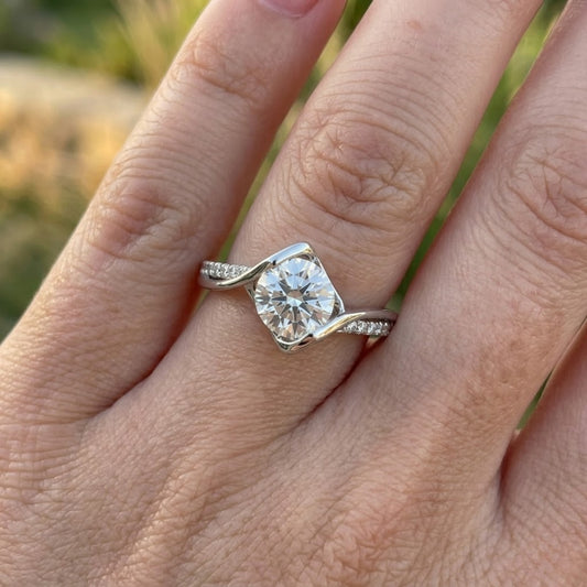 Round Cut Lab Grown Diamond Engagement Ring in 18K White Gold Twisted Pave Solitaire Bridal Ring for Women