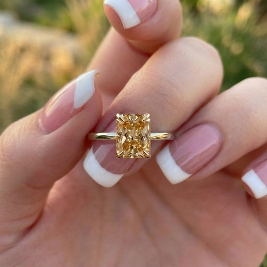 Radiant Cut Champagne Lab Grown Diamond Engagement Ring Yellow Gold Solitaire Ring Minimalist Bridal Jewelry Gift for Her