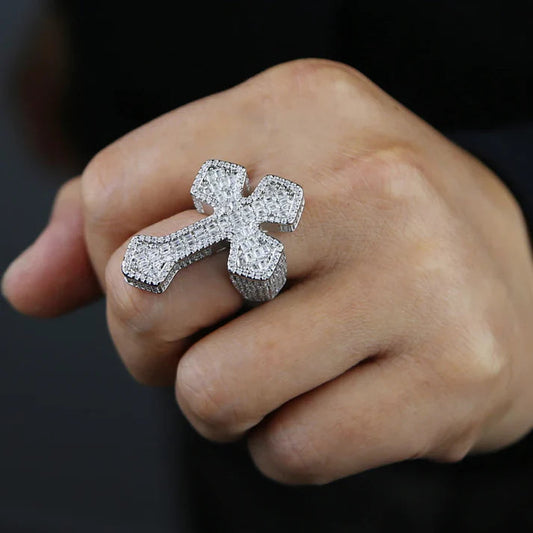 Men's Luxury Jesus Cross Jewelry Trendy 925 Silver Hip Hop Cross Ring with Full Diamond Rounded Lab Grown Iced VVS Weddings
