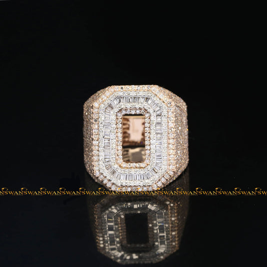 925 Sterling Silver Hip Hop Bust Down O Initial Custom Ring Crafted With Round And Baguette Cut VVs Lab Grown Diamonds