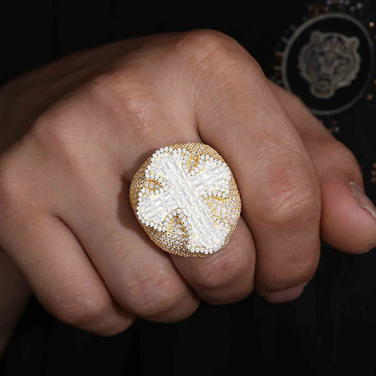 Hip Hop Iced Out Baguette Cross Ring In 925 Sterling Silver Round Cut Lab Grown Diamond Large Ring for Men Bling Rapper Jewelry