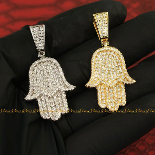 Custom Hip Hop Hamsa Pendant Studded With Round Brilliant Cut Moissanite Diamonds In 925 Sterling Silver
