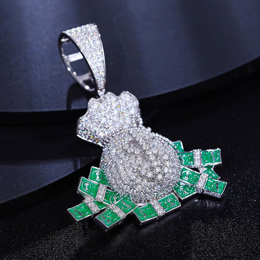 Silver Lucky Money Bag with Moisssanite Diamond Unisex Pendant  & neckless