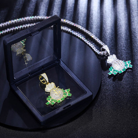 Silver Lucky Money Bag with Moisssanite Diamond Unisex Pendant  & neckless