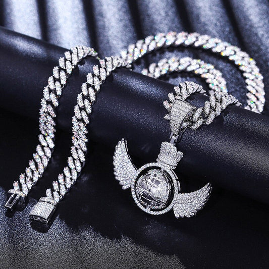 S925 Moissanite Spinning Earth Wing Pendant for men & women