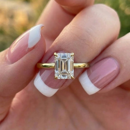 Emerald Cut Lab Grown Diamond Solitaire Ring in 14K Yellow Gold Minimalist Engagement Ring for Women