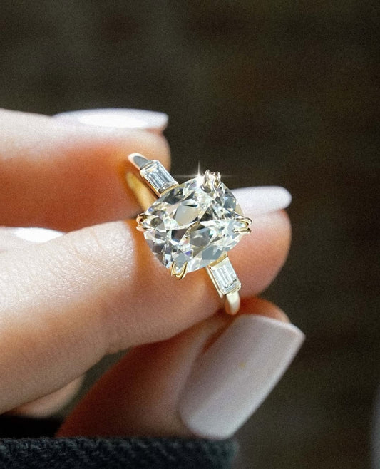 Cushion Cut Moissanite Diamond With Side Tapered Baguette Ring