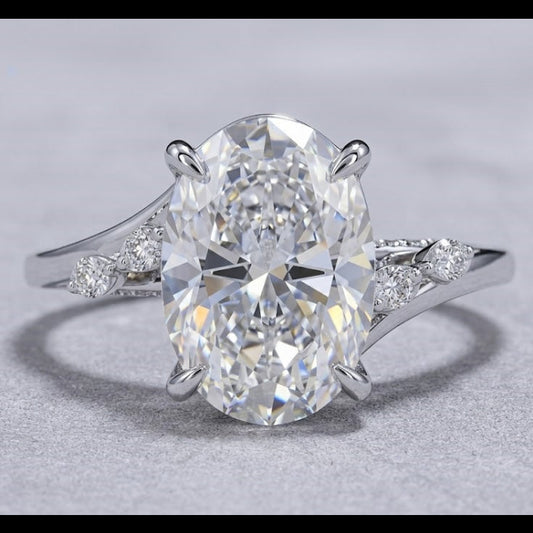 Oval Cut Lab Grown Diamond Engagement Ring White Gold Vintage Inspired Bridal Ring Diamond Accent Anniversary Jewelry