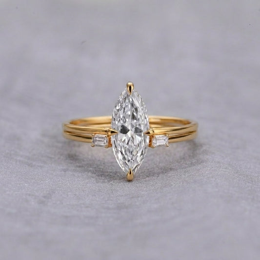 Marquise Cut Lab Grown Diamond Engagement Ring Yellow Gold Three Stone Ring Minimalist Bridal Jewelry Gift for Her