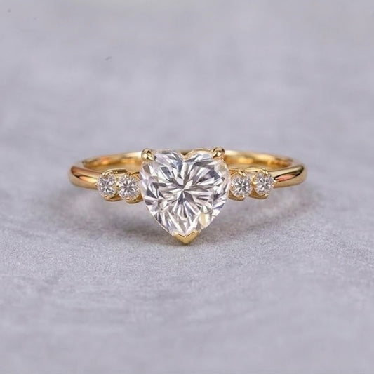 Heart Cut Lab Grown Diamond Engagement Ring Three Stone Yellow Gold Ring Romantic Bridal Jewelry Promise Ring for Her