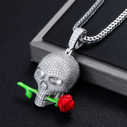 Round Brilliant Cut Moissanite Diamonds Glow In The Dark Rose Skull Pendant by swandiamond