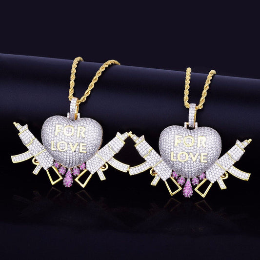Hip Hop 3D Heart Drip With Gun Love Pendant In 925 Sterling SilverMoissanite Diamonds