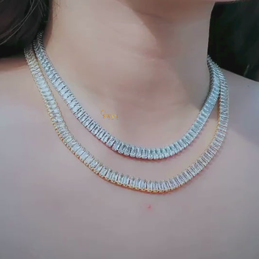 Baguette Cut Diamond Tennis Necklace in White and Yellow Gold Luxury Statement Jewelry for Men and Women swandiamond
