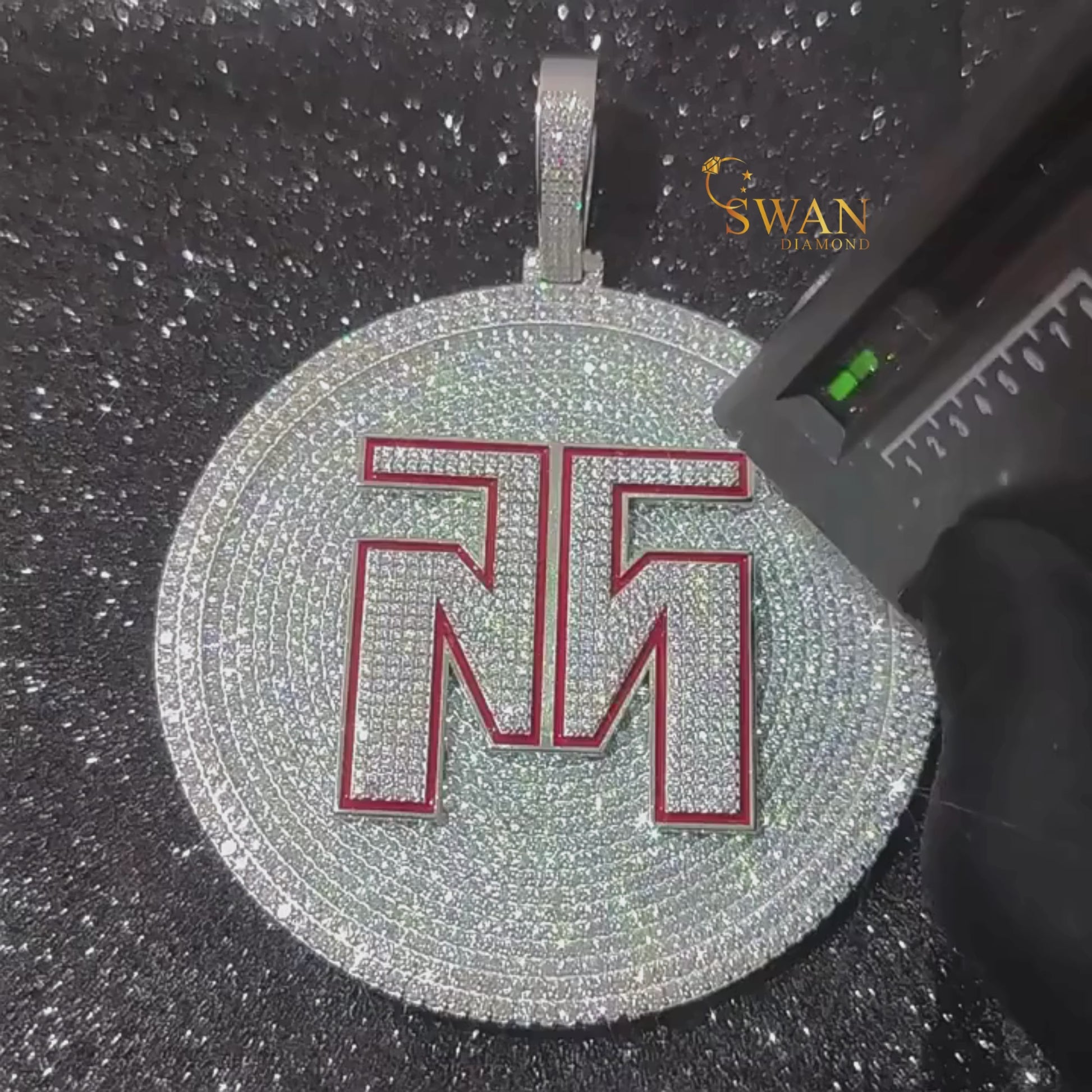 Custom Hip Hop Round Iced Out Pendant with Red Initial Letters Bling Necklace Silver Statement Jewelry for Men swandiamond