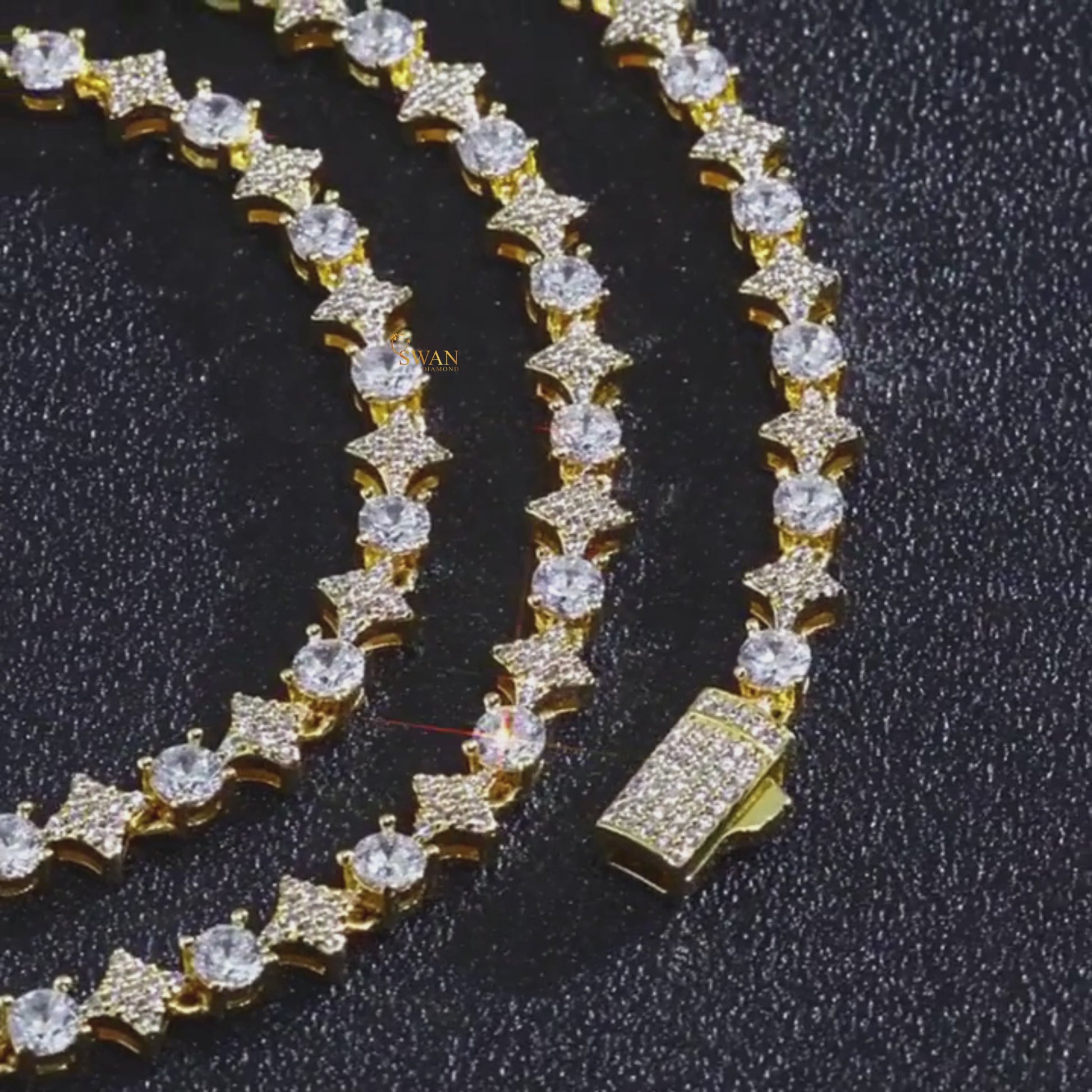 Round Cut Diamond Tennis Necklace with Pave Square Links in White and Yellow Gold Luxury Statement Jewelry for Men and Women swandiamond