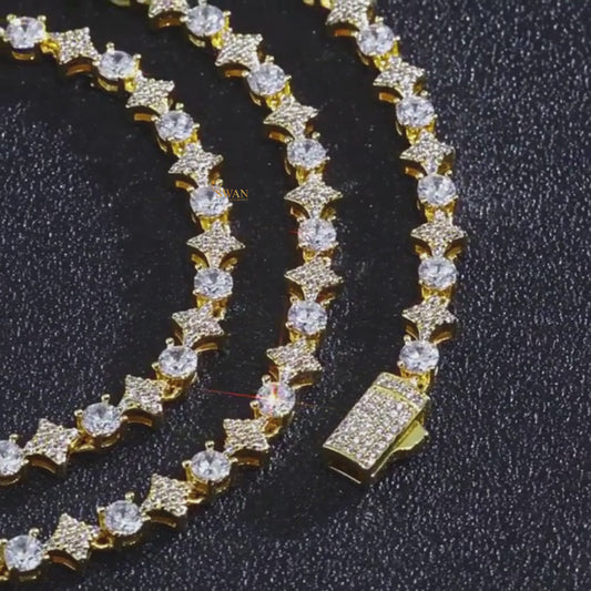 Round Cut Diamond Tennis Necklace with Pave Square Links in White and Yellow Gold Luxury Statement Jewelry for Men and Women swandiamond