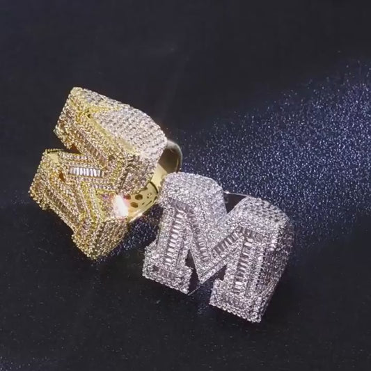 Hip Hop Custom Letter M Iced Out Diamond Ring 5 Carat Baguette and Round Micro Pave Gold and Silver Hip Hop Statement Jewelry for Men SwanDiamond