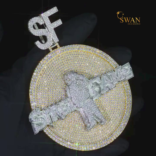 Hip Hop Custom Street Fame SF Medallion Pendant Fully Iced Out with VVS Moissanite Diamonds Luxury Gold and Silver Necklace for Men swandiamond
