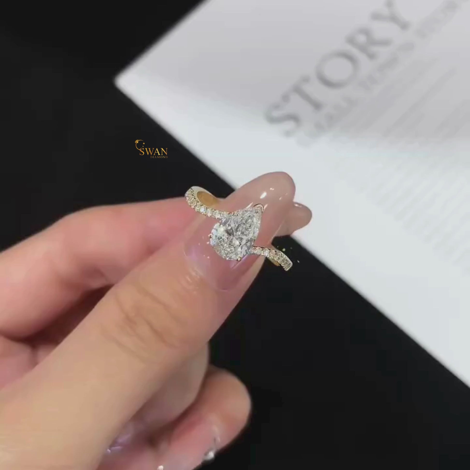 Pear Cut Diamond Engagement Solitaire Ring in Solid Gold with Pavé Band Elegant Teardrop Shape Modern Bridal Jewelry Gift for Her swandiamond