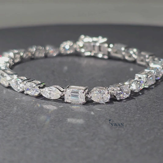 Luxury Pear and Emerald Cut Diamond Tennis Bracelet in Silver with Sparkling Natural Stones Elegant Statement Jewelry for Him or Her