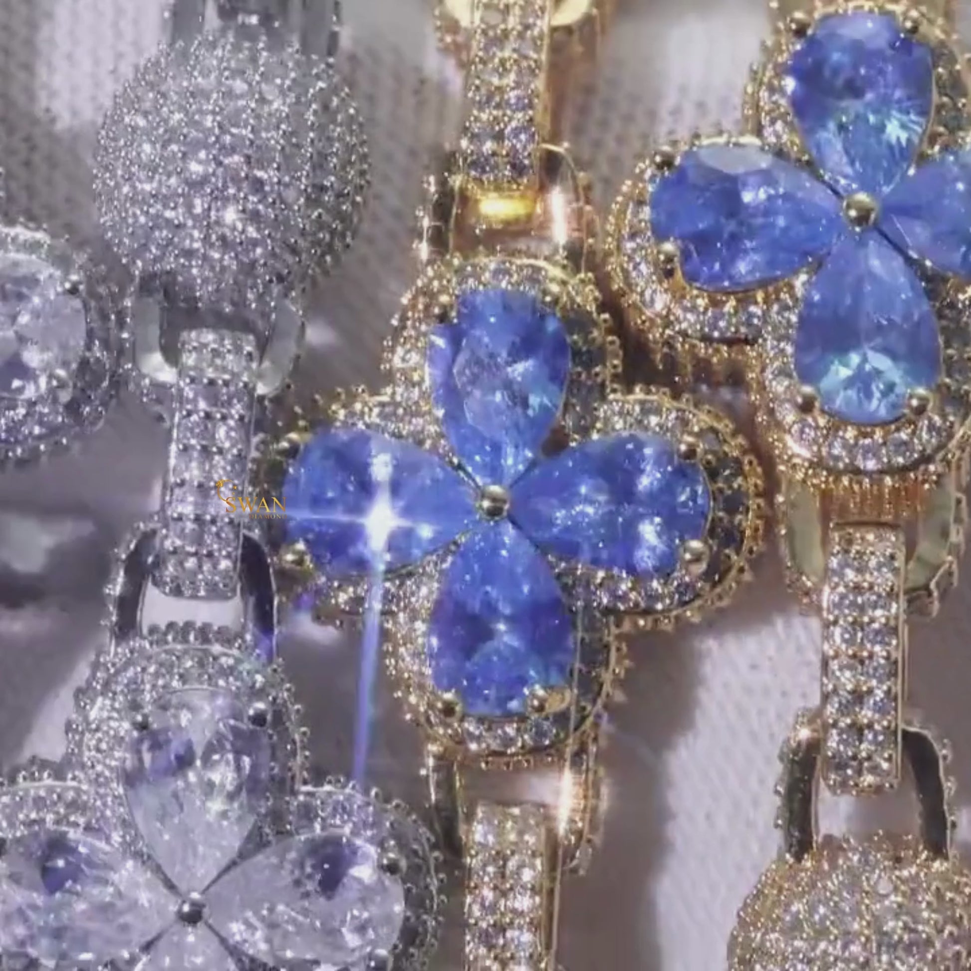 Elegant Flower Link Diamond Bracelet Gold and White Gold Plated with Blue and Clear Stones Fully Iced Out Pave Setting Luxury Hip Hop Jewelry for Men and Women swandiamond