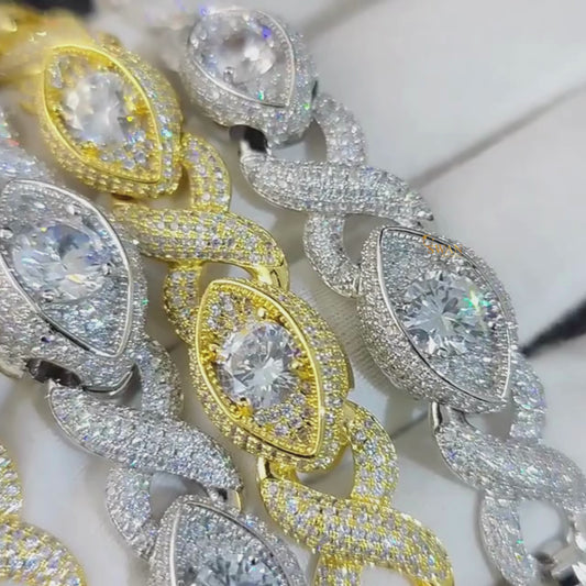 Luxury Icy Marquise and Round Diamond Link Bracelet Yellow Gold Plated Cuban Style Chain with Full Pave Setting Sparkling Statement Jewelry swandiamond